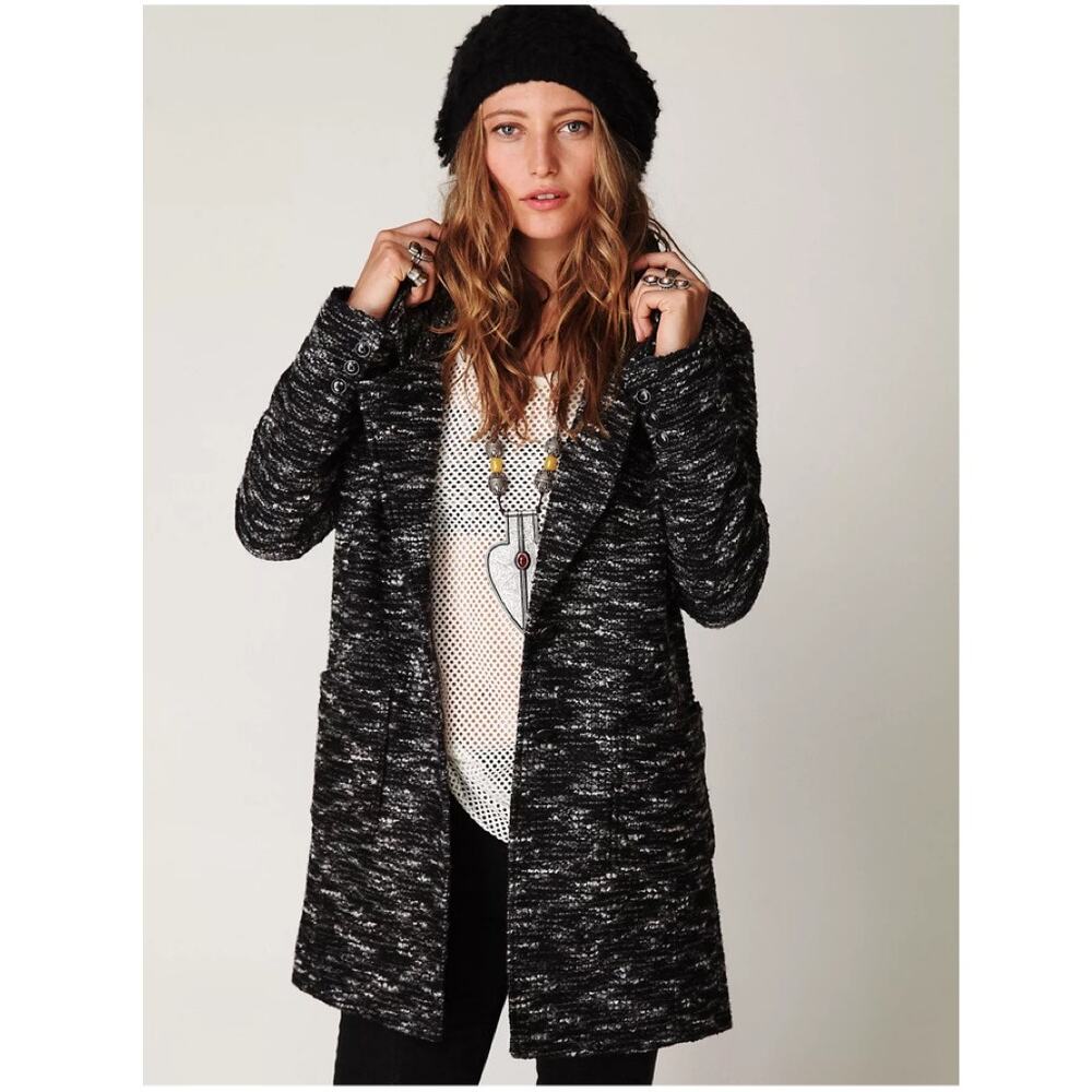 Free People Bouclé Textured Overcoat Jacket, Black
